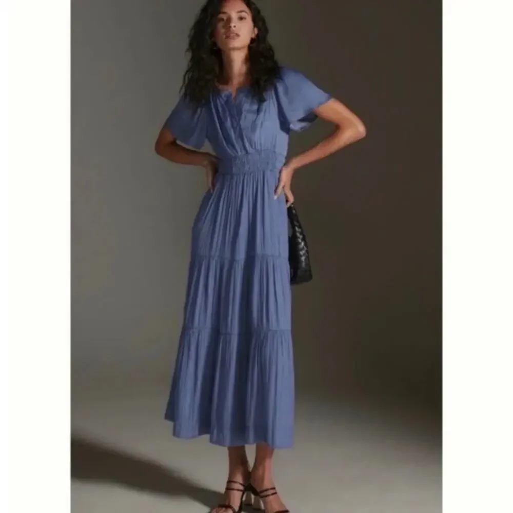 Anthropologie Dress Womens‎ Extra Small Somerset Maxi Satin Slate Blue Tiered